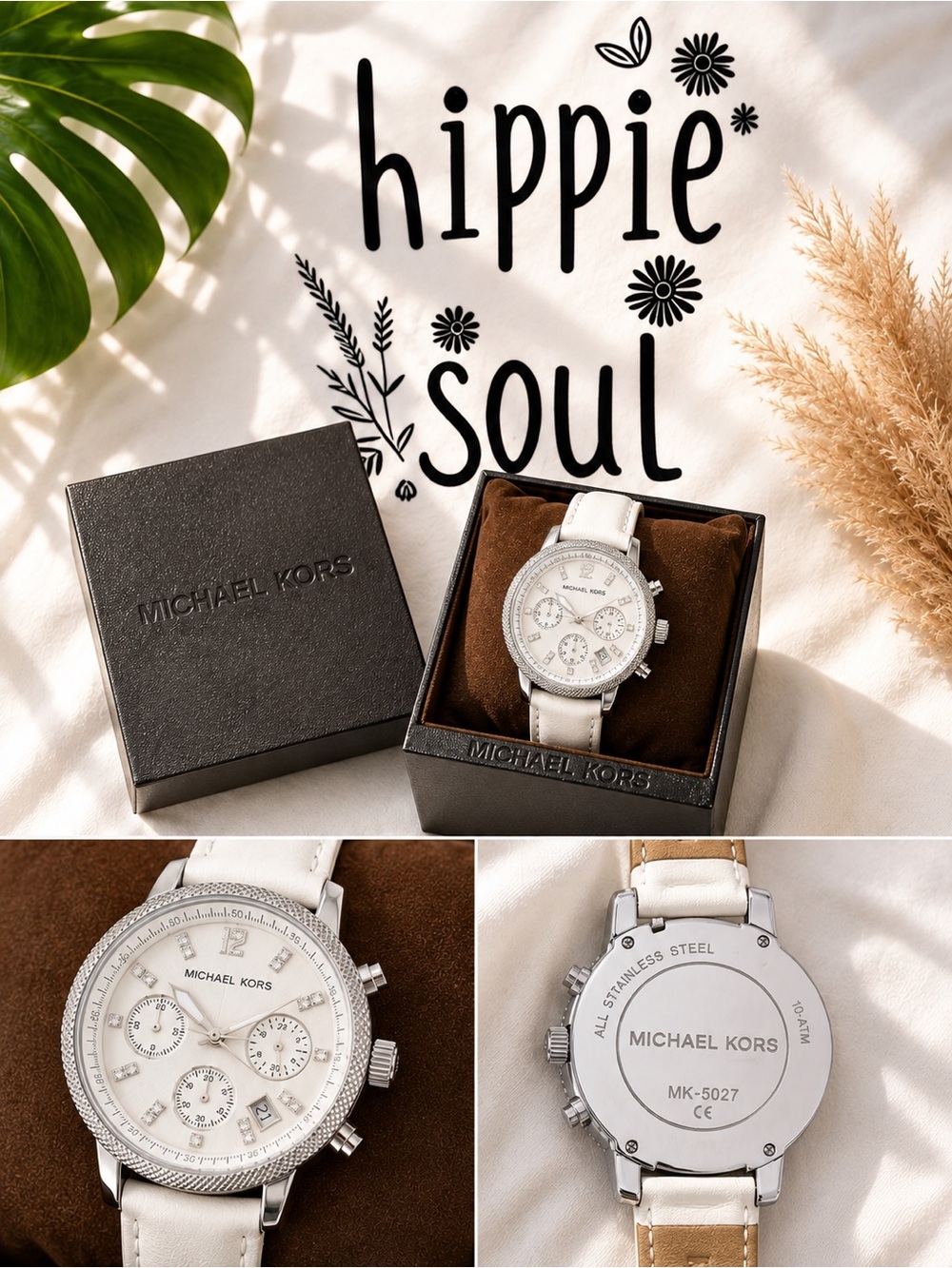 Michael Kors MK-5027 Silver & White Women’s Leather Chronograph Watch